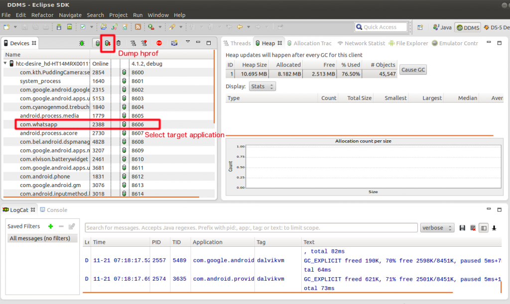 Using DDMS to dump hprof data